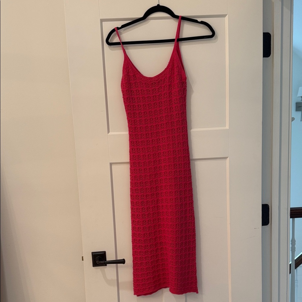 Spaghetti Strap Crochet Midi Dress in pink